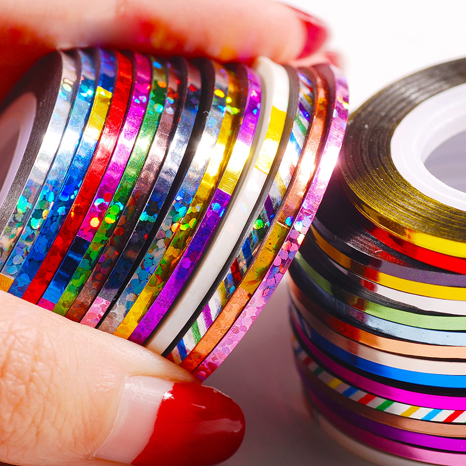 Close up of Vonrui holographic nail tape rolls