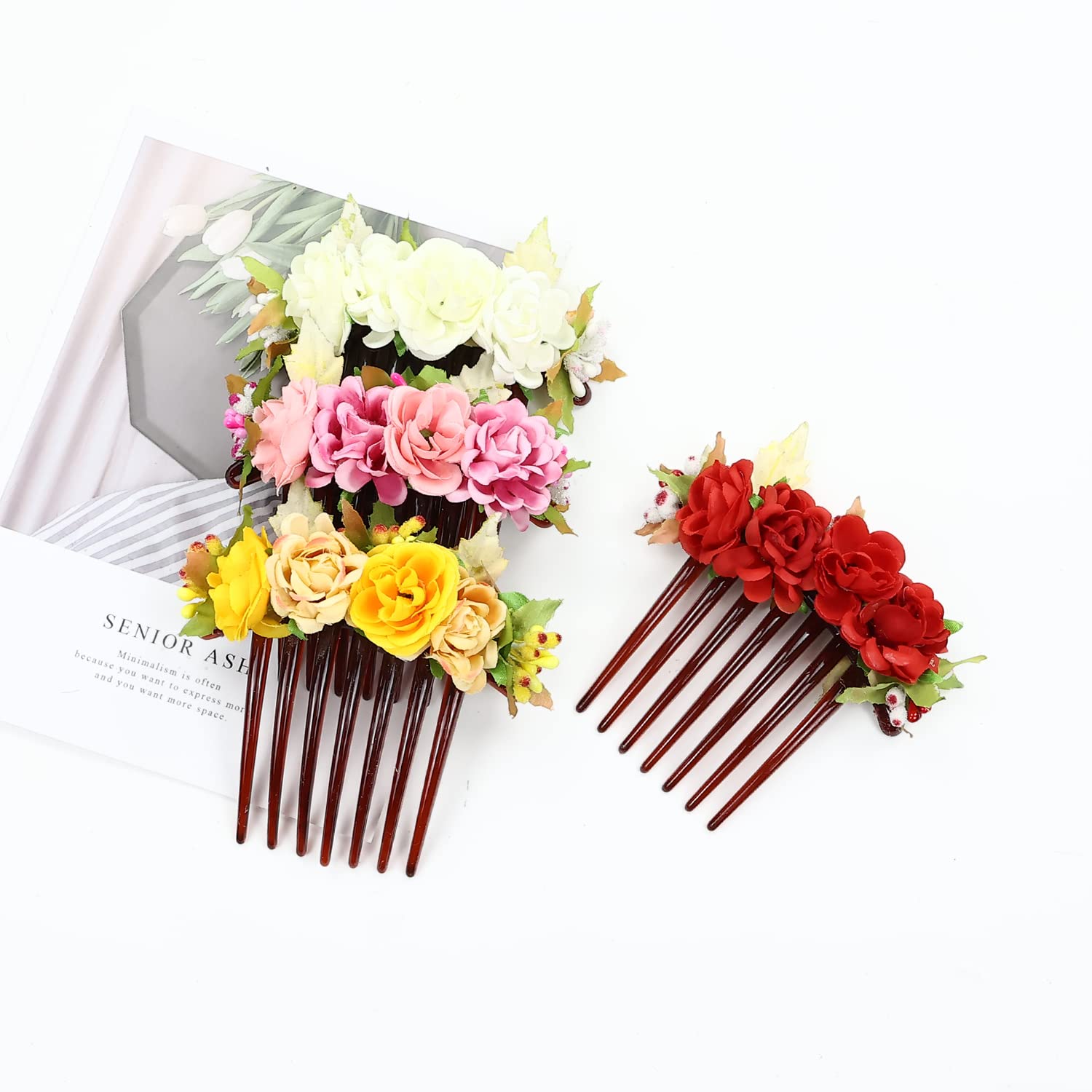 Cinaci white and orange artificial flower side combs for women