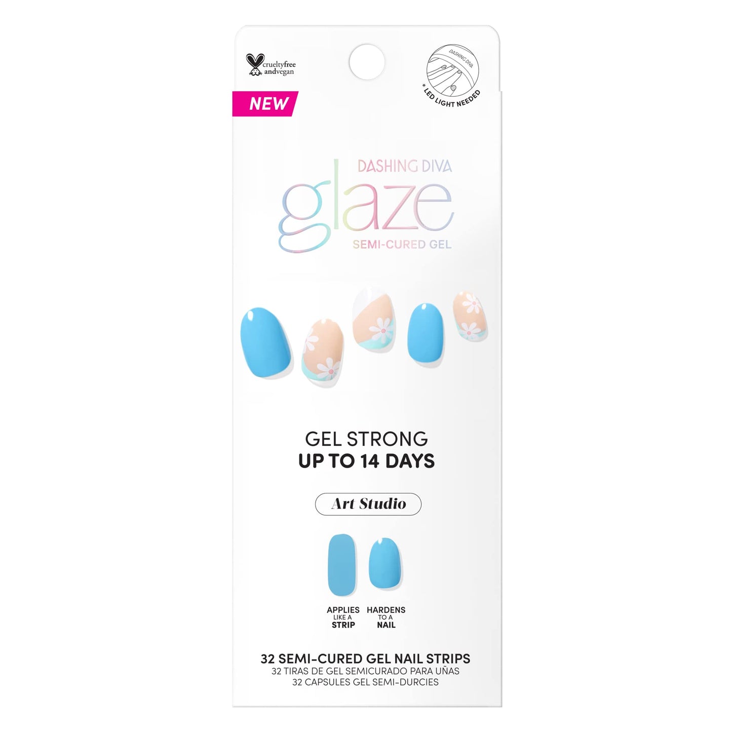 Detailed view of Dashing Diva Glaze blue daisy nail art design