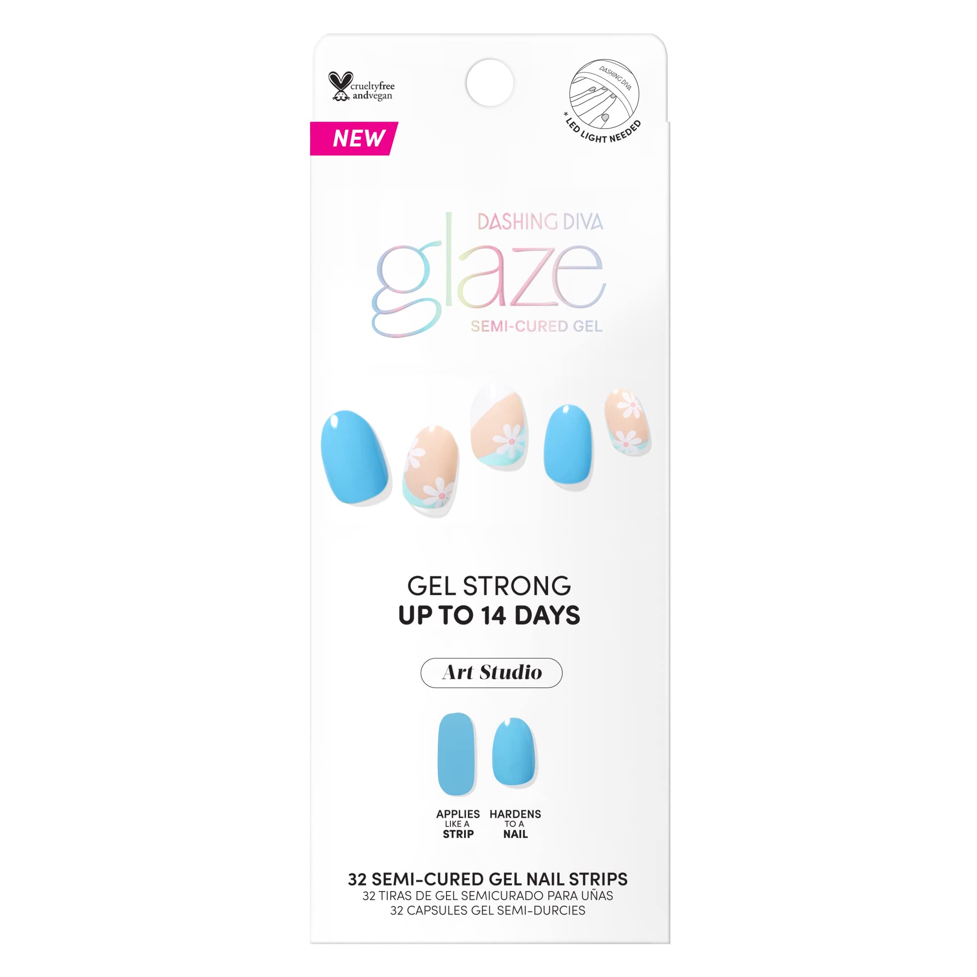 Detailed view of Dashing Diva Glaze blue daisy nail art design