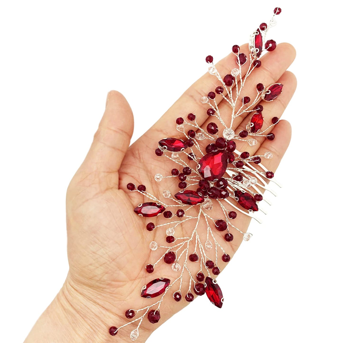 Side view of the elegant red crystal bridesmaid hair vine for wedding banquets