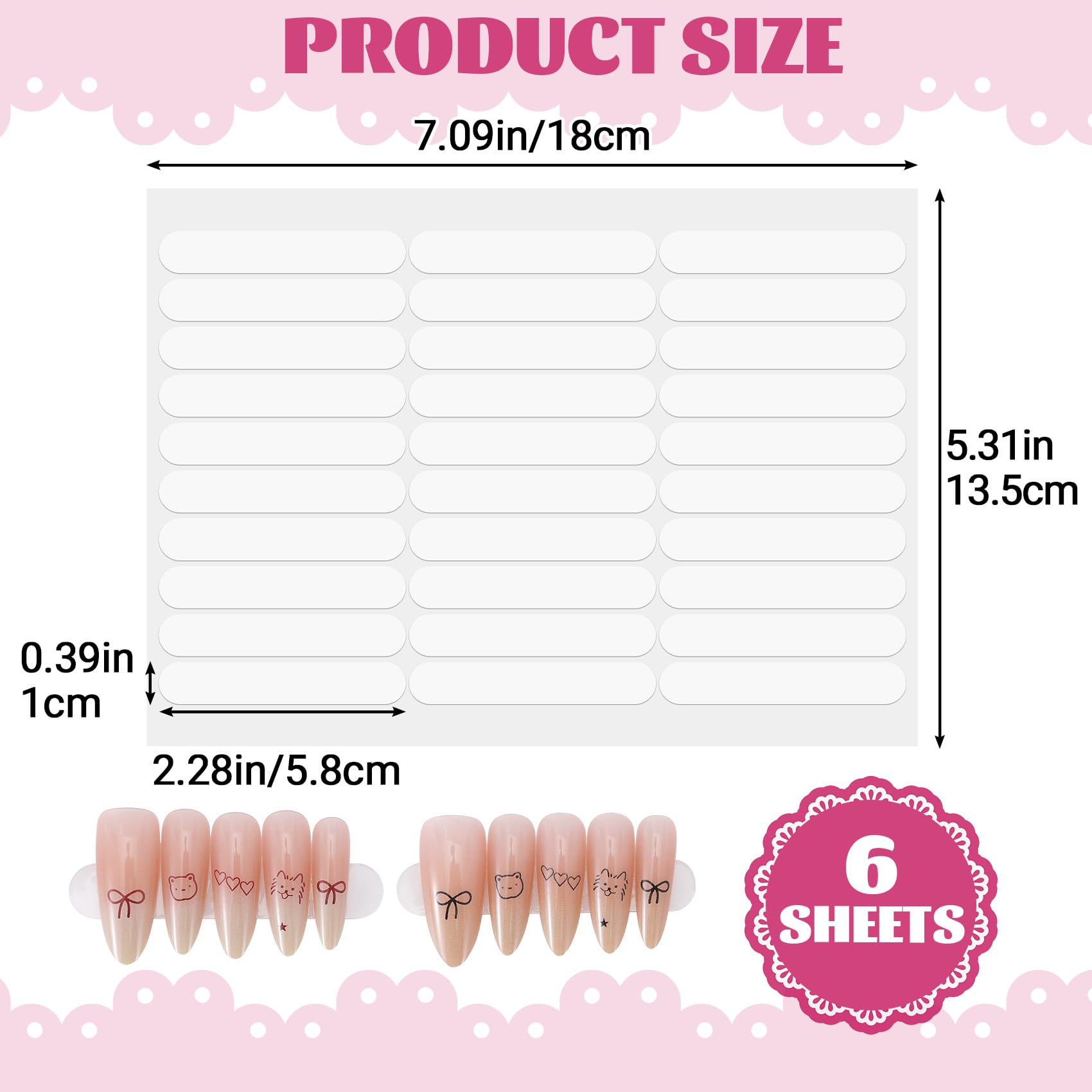 Close up of clear double sided salon tabs showing different individual sizes for manicures