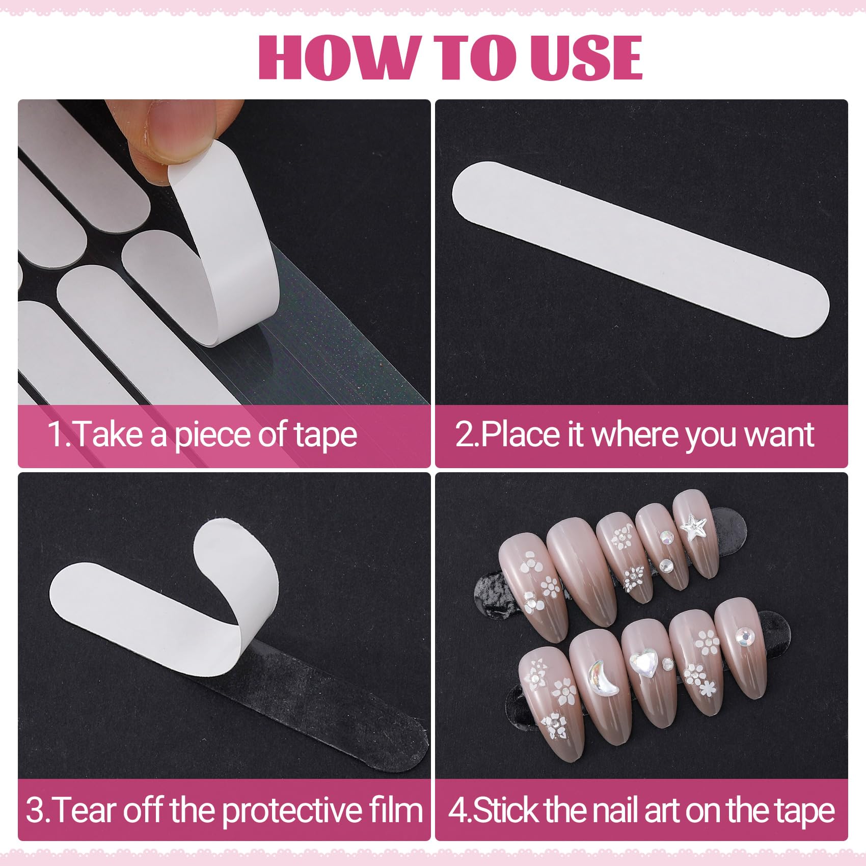 Six sheets of transparent false nail adhesive tabs laid out flat