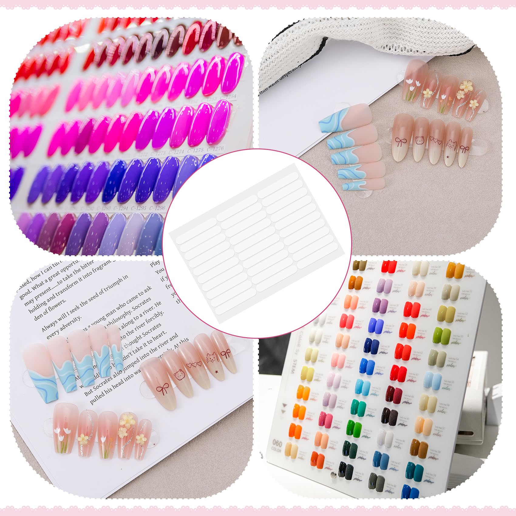 Application process demonstrating how to peel and apply clear nail art tabs