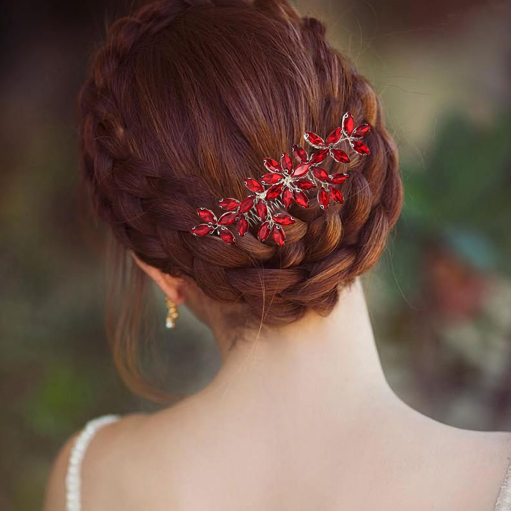 Elegant wine red bridal side comb placed securely in an updo hairstyle