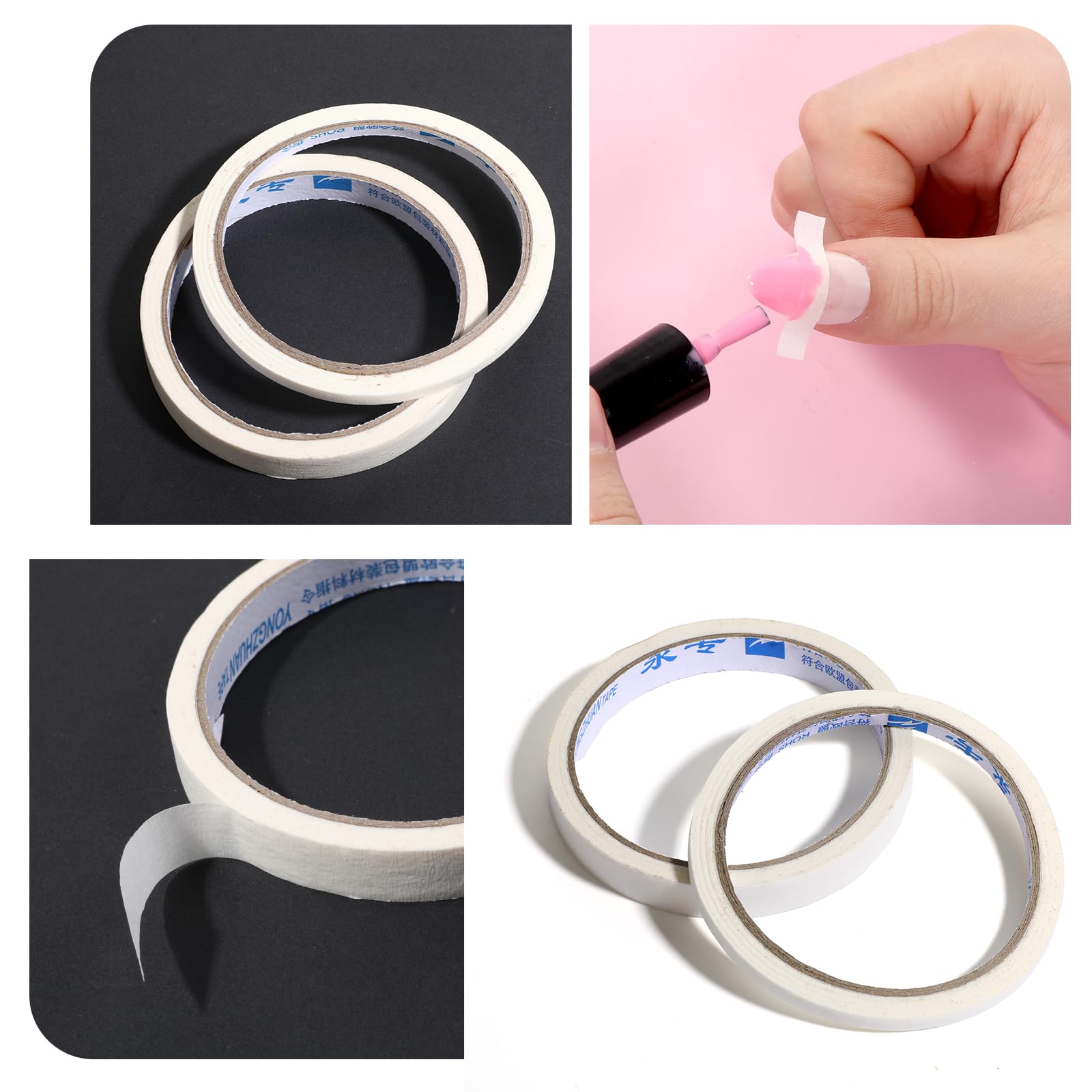 Close up view of self adhesive striping tape rolls in five millimeter and twelve millimeter sizes for nail art