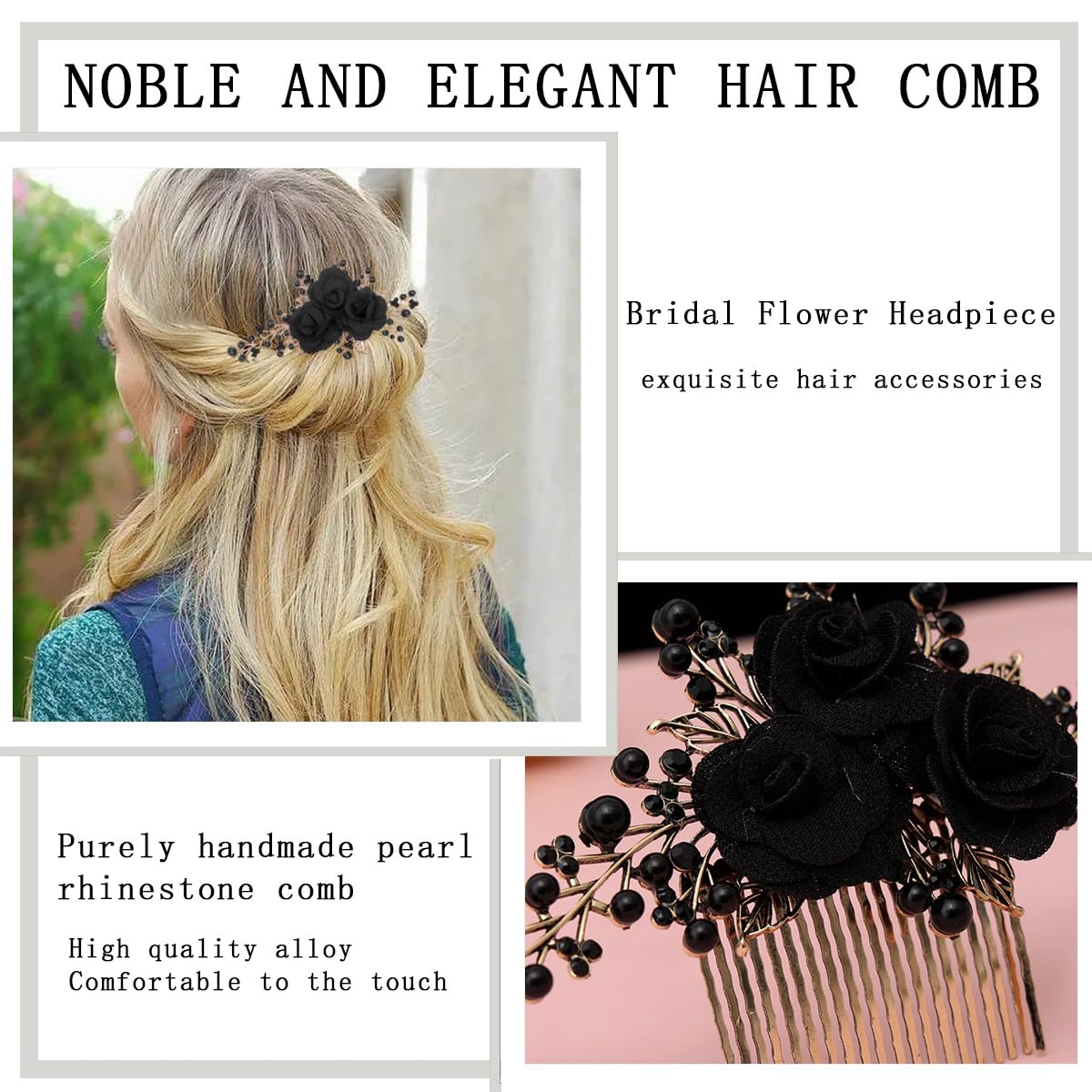 Close up shot of handmade black rose hair side comb craftsmanship