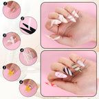 Hands displaying finished manicure using FdcLixuvol white nail art tape