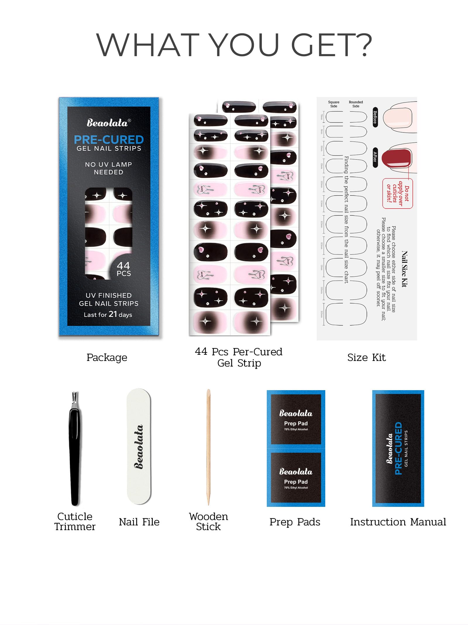 At home manicure kit containing forty four pieces of gel nail strips