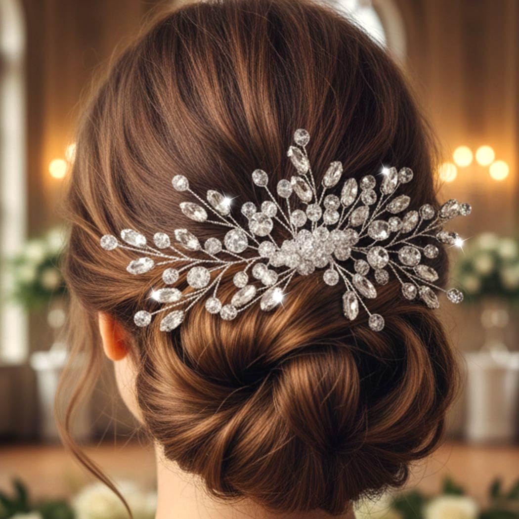 Side view of Easedaily crystal hair comb in a bridal hairstyle