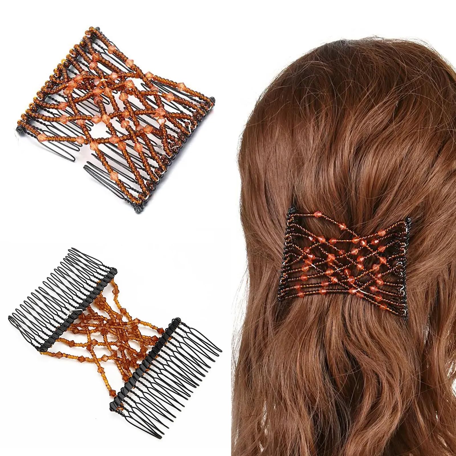 Adjustable elastic double comb clip securing a thick curly ponytail hairstyle.