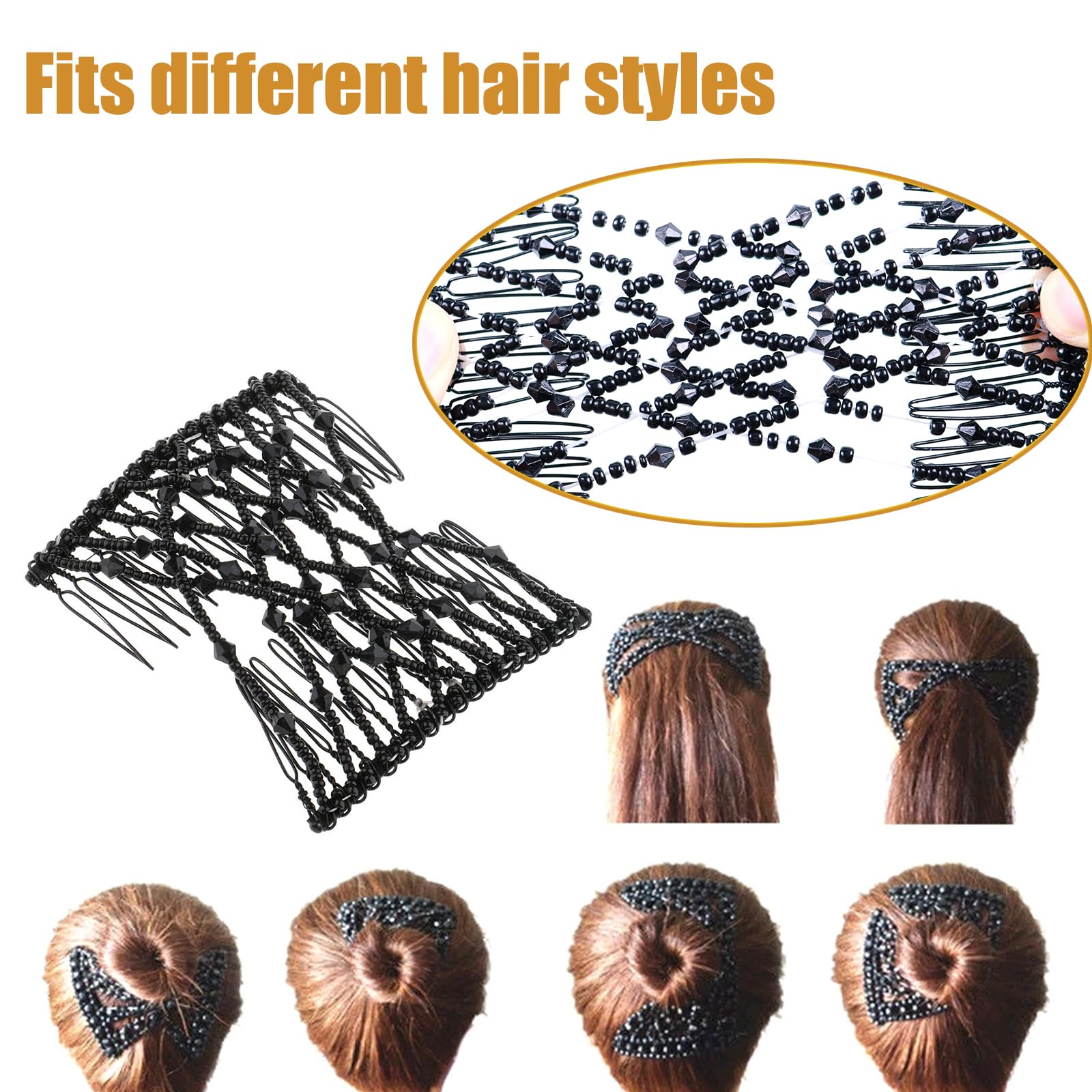 Flexible magic hair accessories being stretched to fit dense wavy tresses.