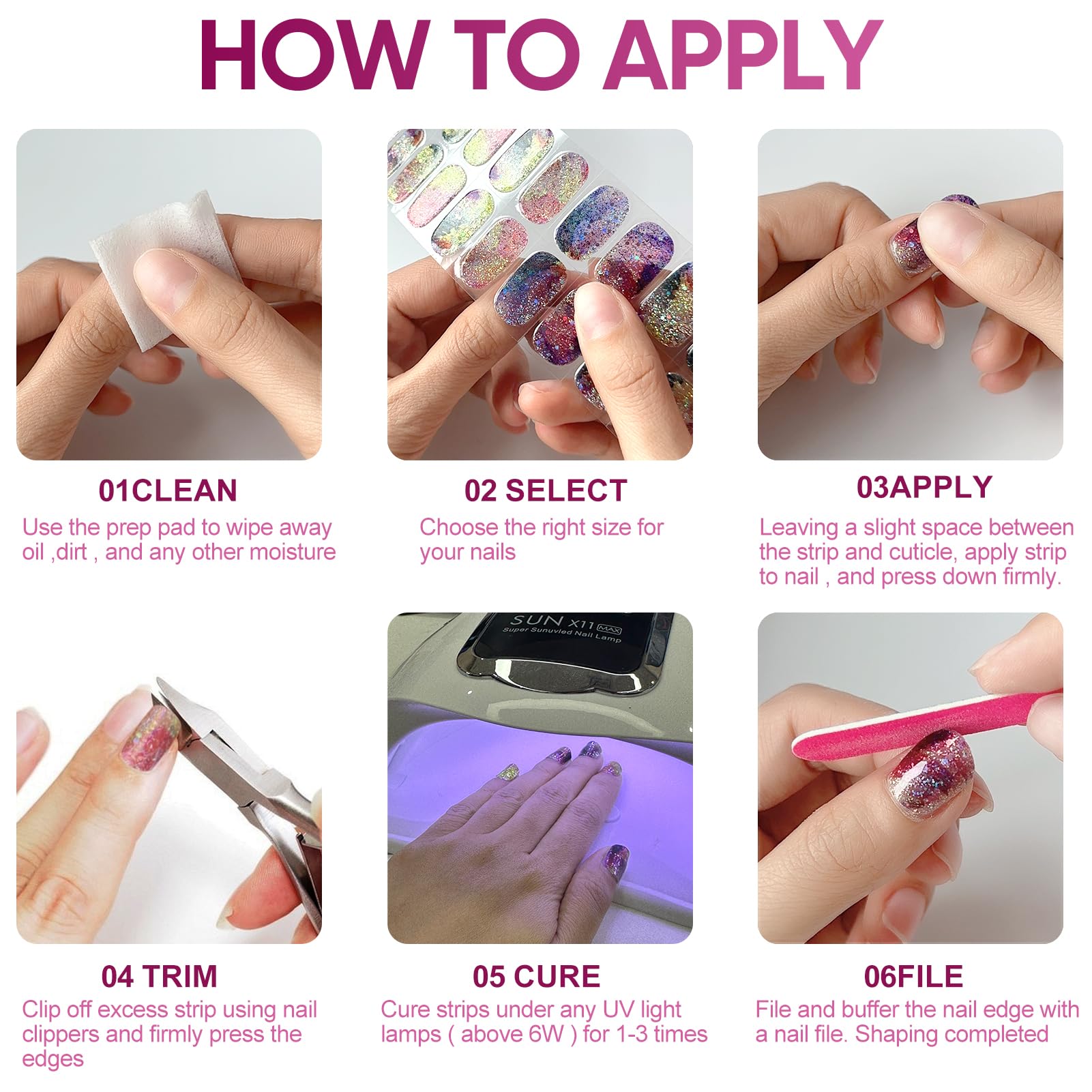 Step by step demonstration of pressing down the edges of the glittery nail polish wrap.