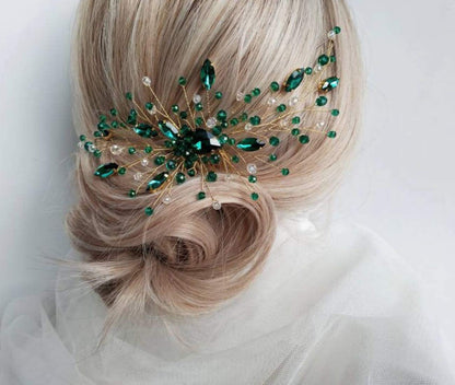 Elegant wedding hair piece with green rhinestones for bridesmaids