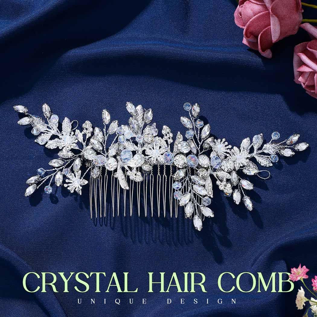 Evild crystal hair comb showing intricate leafy pattern and opal rhinestones.