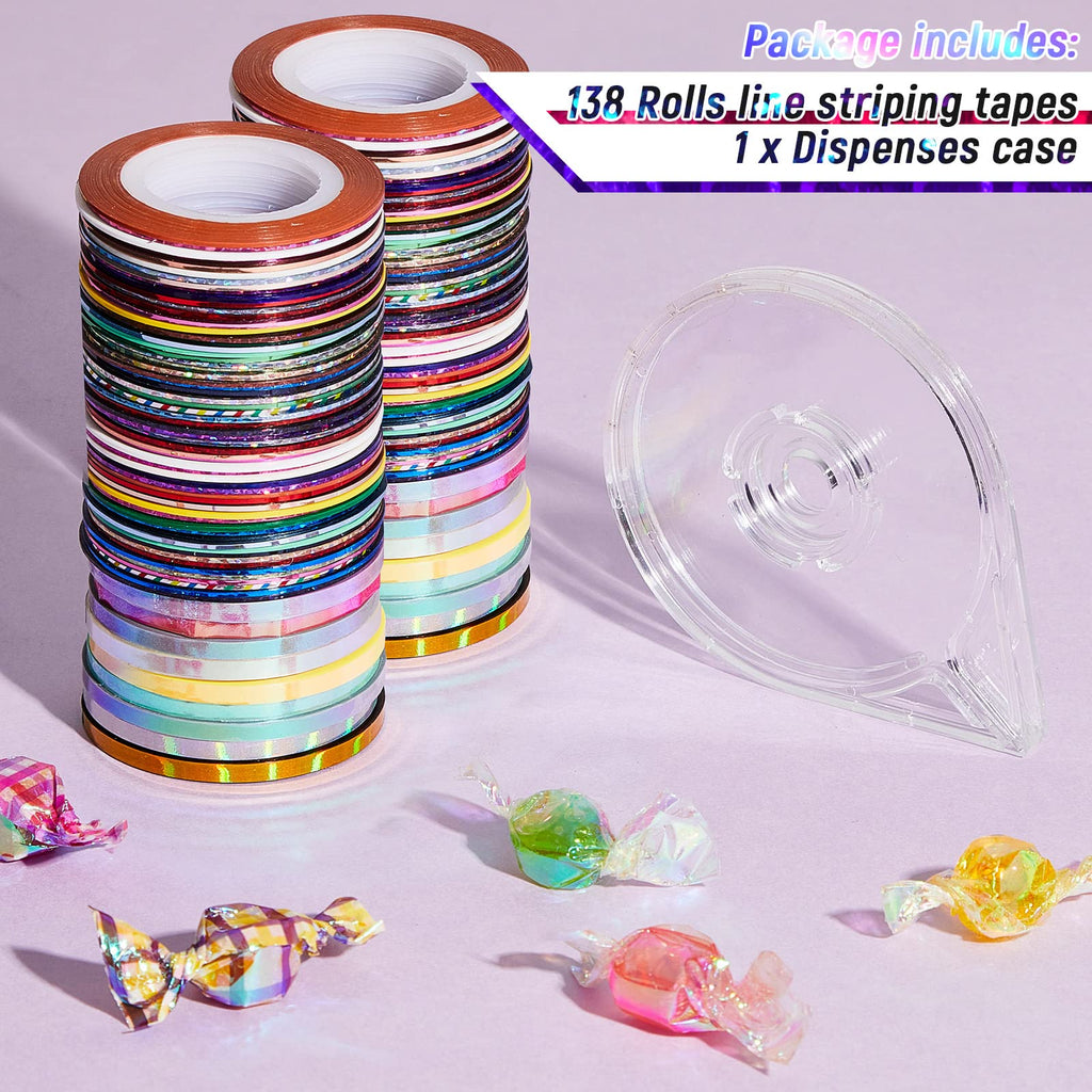 Close-up of vibrant laser finish on colorful pinstripe tape rolls