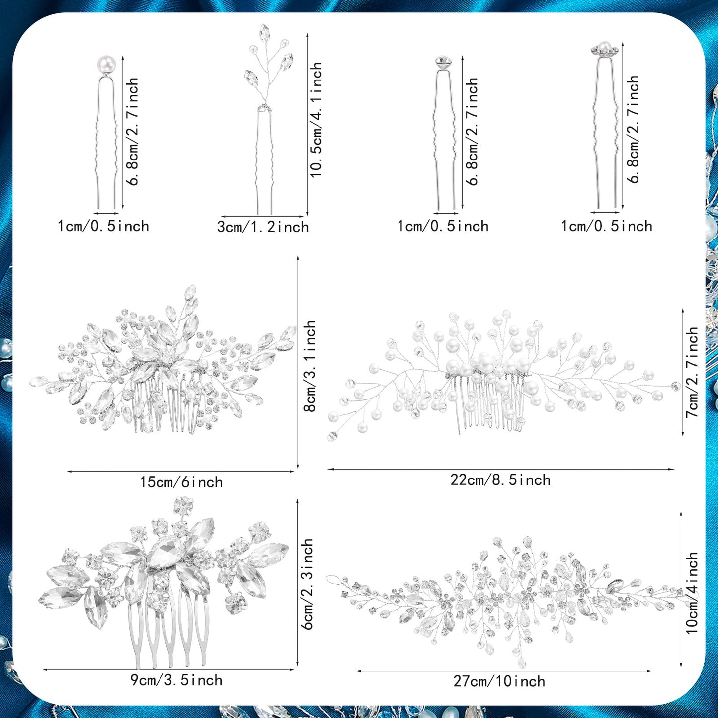 Close up view of Maitys silver bridal hair pins highlighting crystal rhinestones and faux pearls