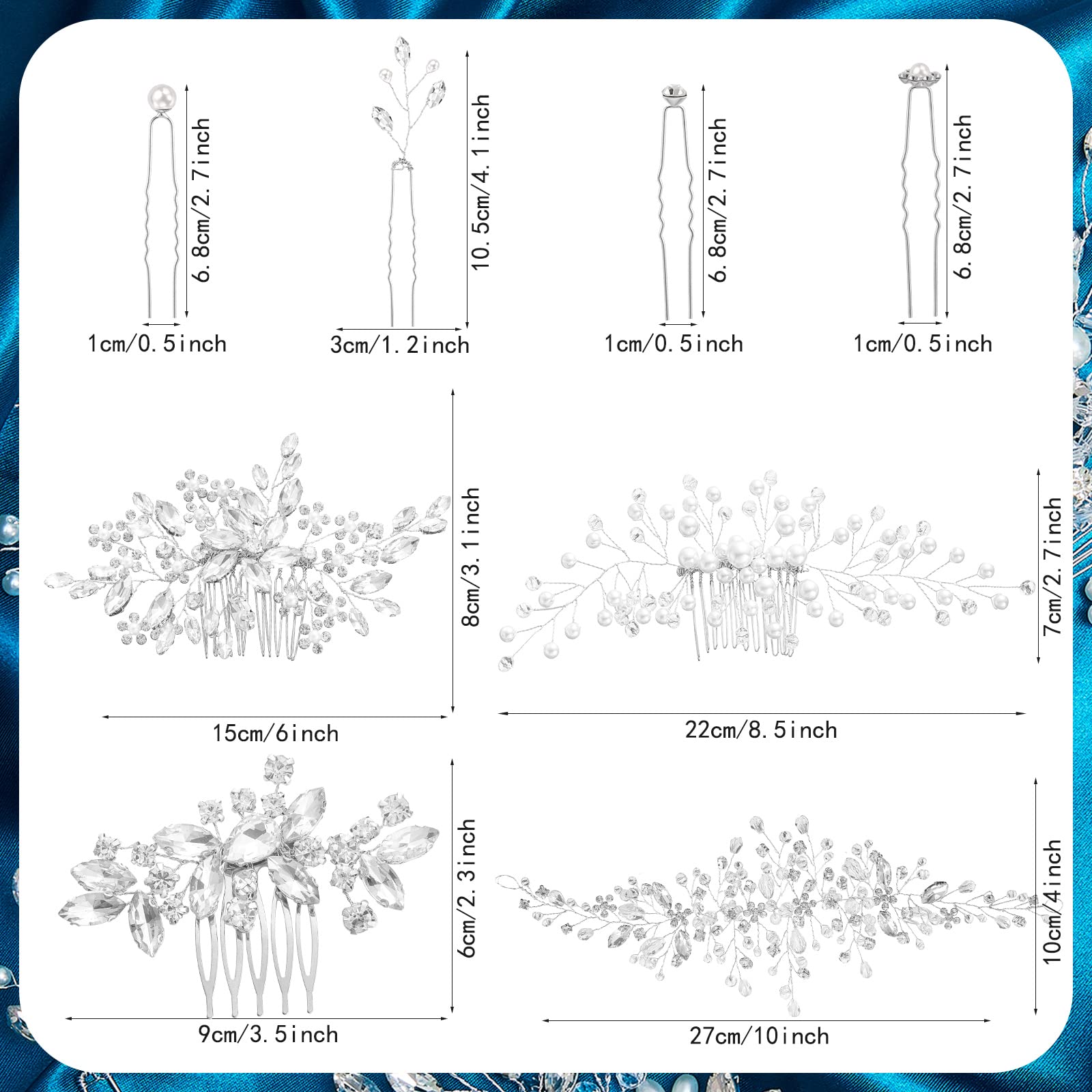Close up view of Maitys silver bridal hair pins highlighting crystal rhinestones and faux pearls