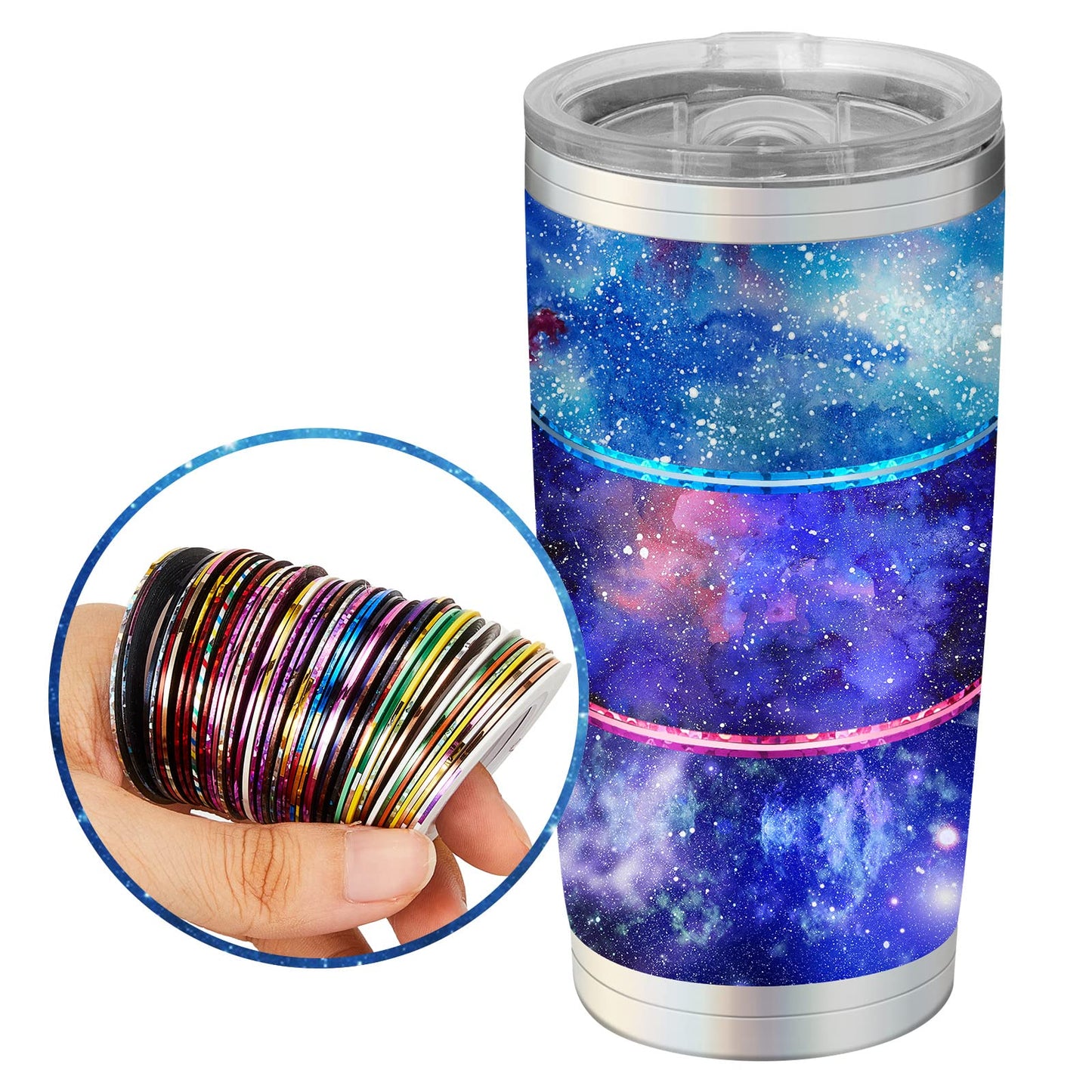 Detailed view of holographic tape application on tumbler