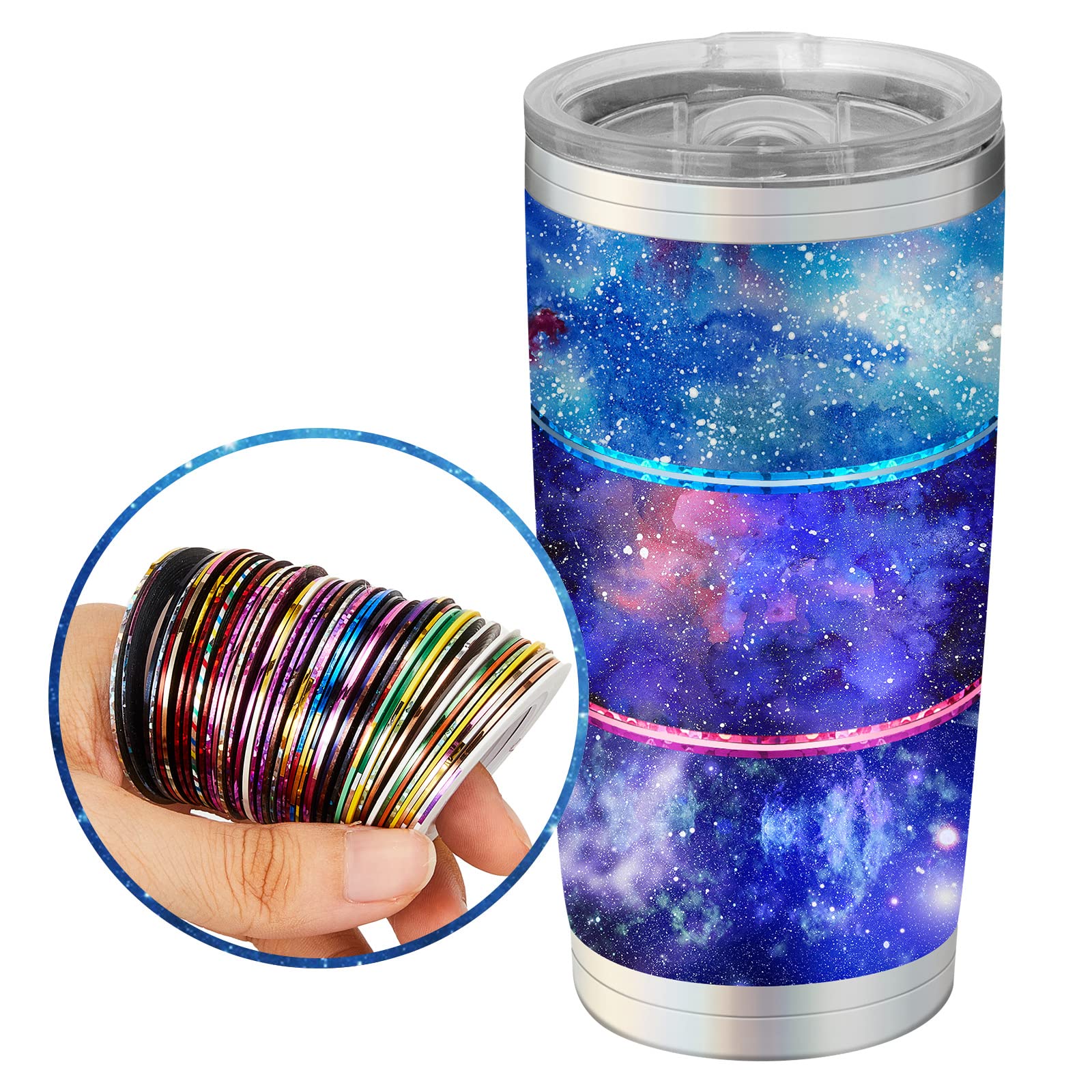 Detailed view of holographic tape application on tumbler