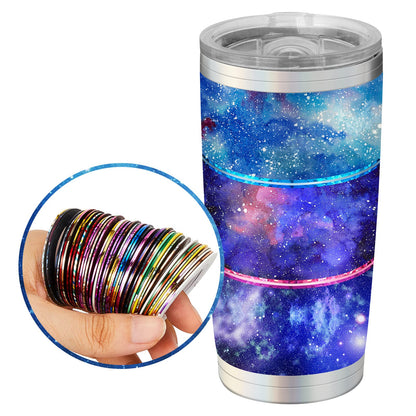 Detailed view of holographic tape application on tumbler