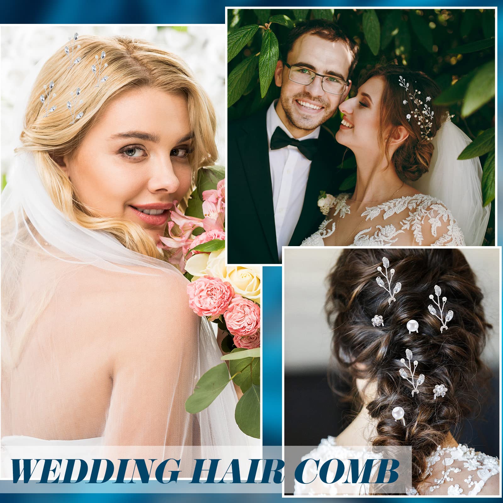 Different sizes of Maitys U shaped flower rhinestone hair pins arranged for bridesmaid hairstyling
