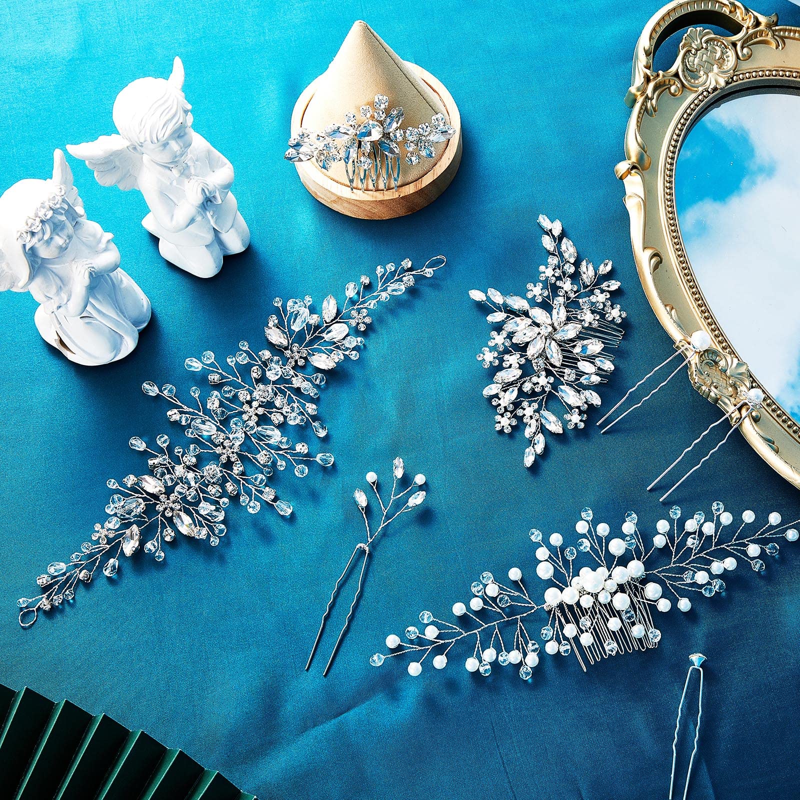 Packaging contents of the Maitys forty four piece wedding hair accessory set including twisted pins