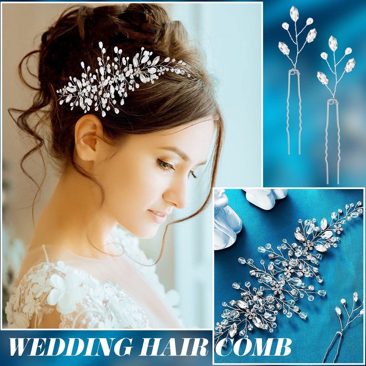 Maitys authentic silver tone bridal hair jewelry showcasing the sparkling clear crystals under light