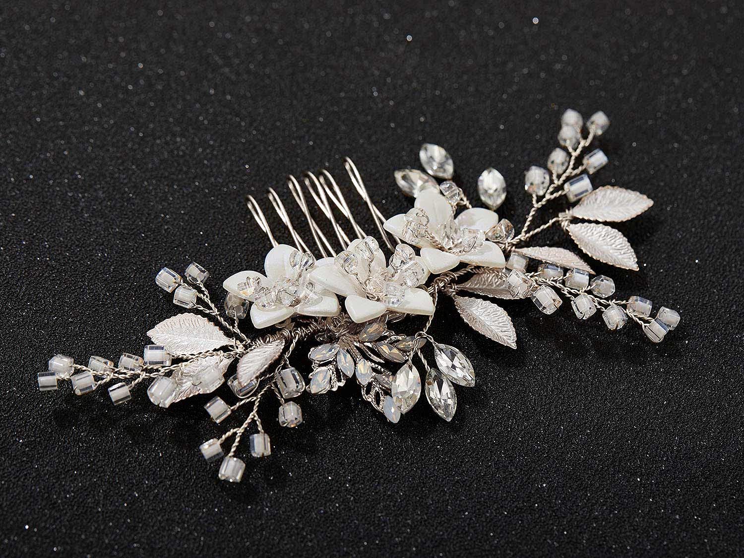 Side profile of the SWEETV wedding side comb showcasing the light gold leaf embellishments.