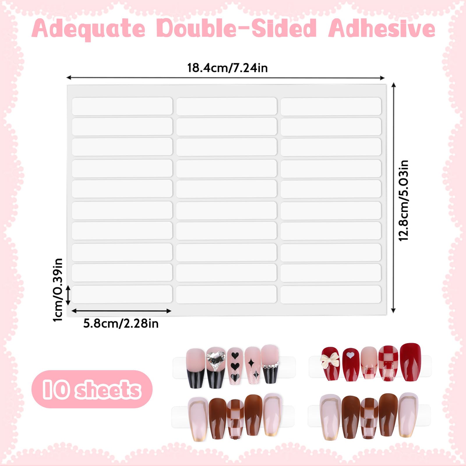 Close up look of pre cut double sided clear sticky strips for securing false nails in packaging designs.
