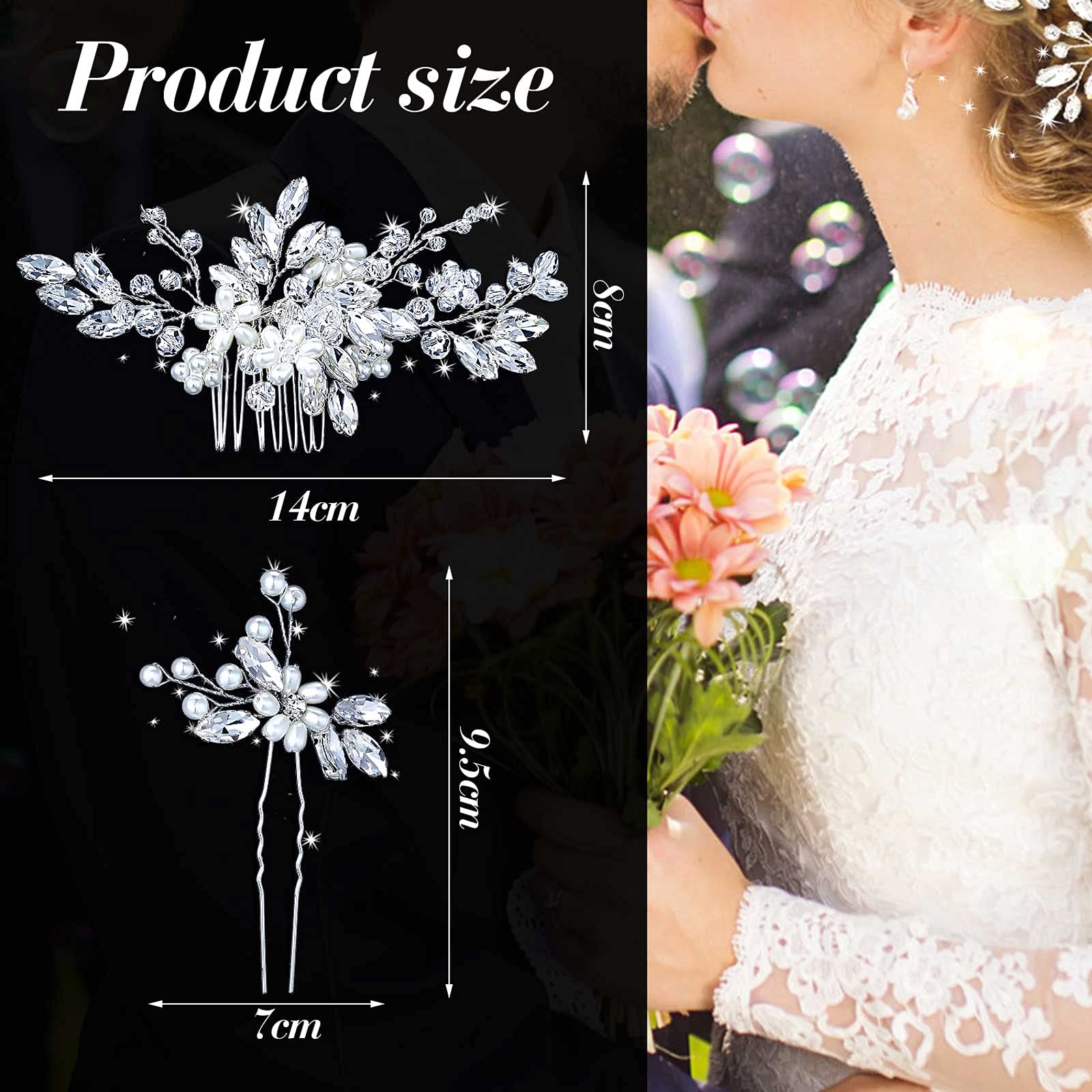 Yeshone bridal hair comb close up showcasing detailed artificial pearls and shimmering rhinestones