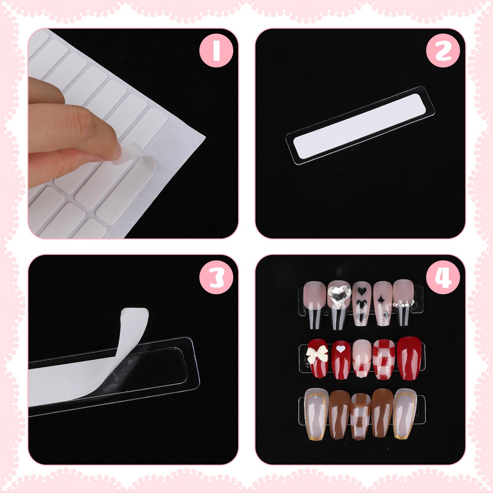 High visibility clear dual sided adhesive tape backing being peeled for press on nail sample showcase.