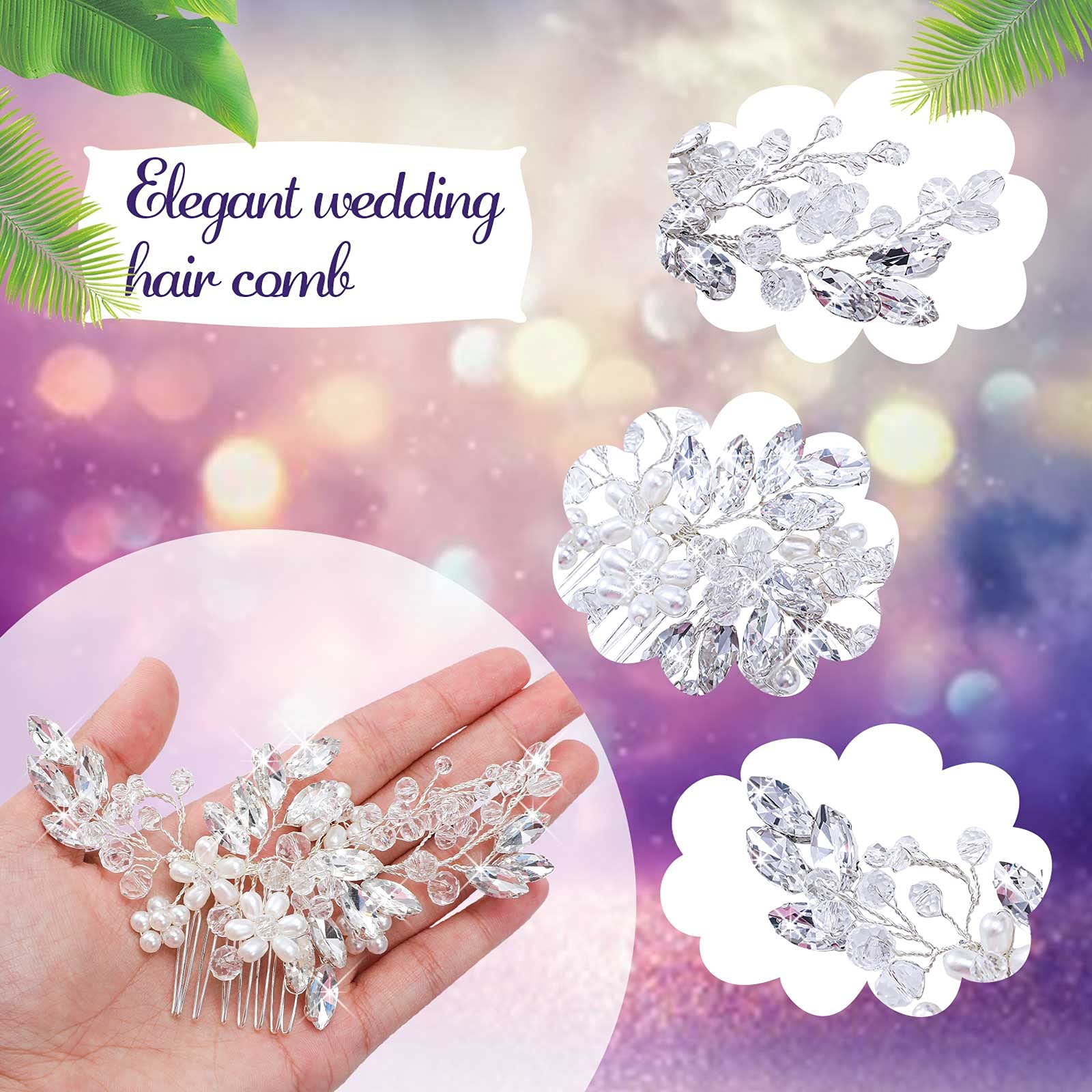 Yeshone 5 piece silver hair pin set laid out flat demonstrating the single comb and four U-shaped pins