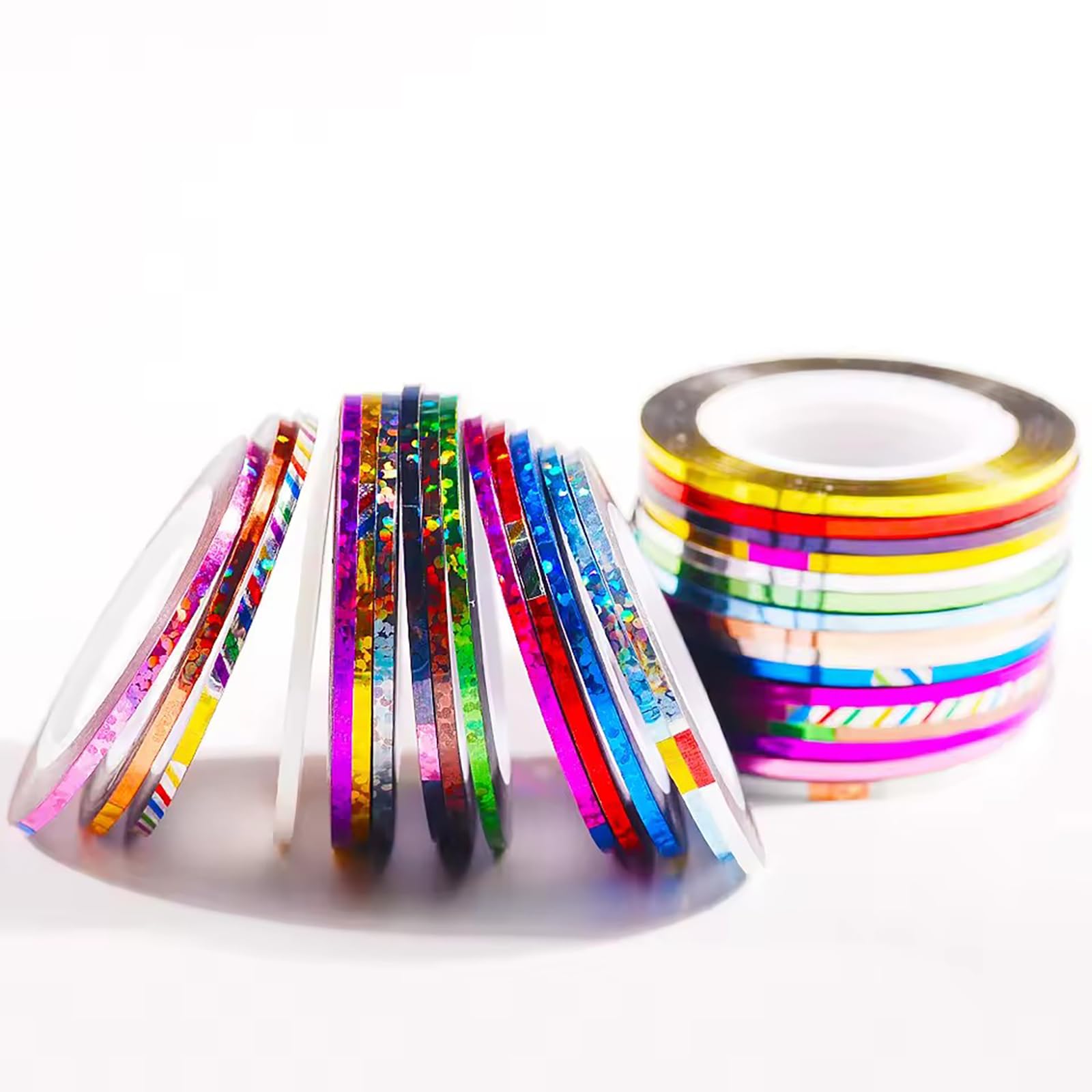 Multicolor glitter and metallic one millimeter nail art striping lines assortment