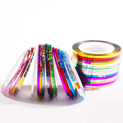 Multicolor glitter and metallic one millimeter nail art striping lines assortment