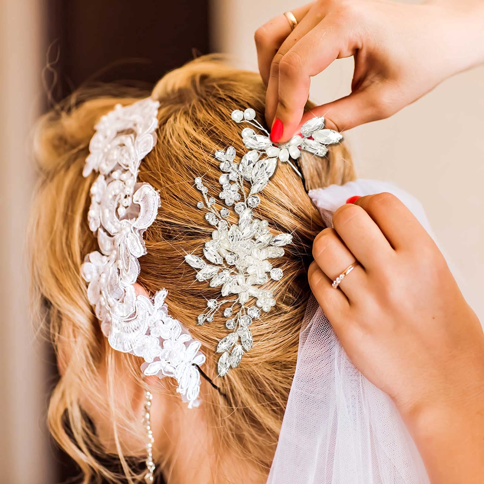 Yeshone rhinestone flower piece side angle highlighting the polish and depth of the bridal embellishments