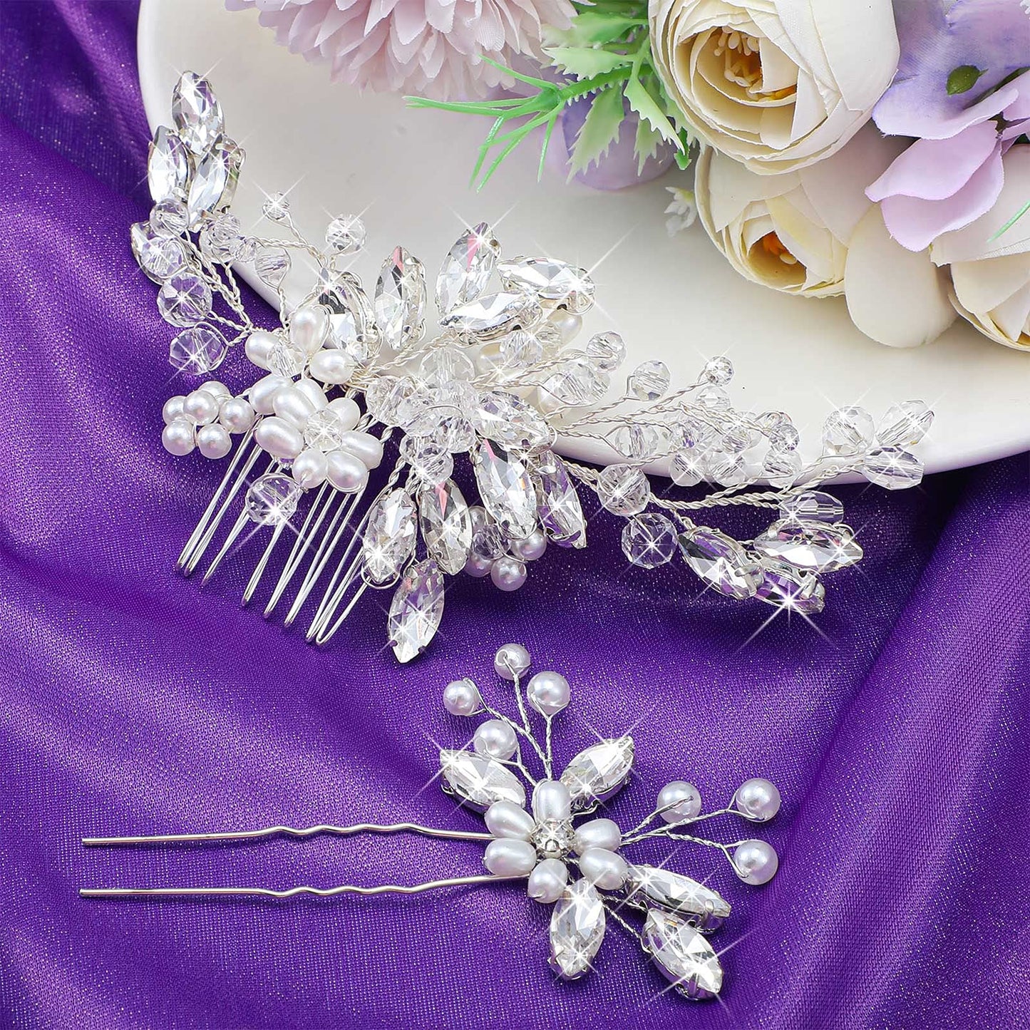 Yeshone silver wedding hairpins showing the detailed pearl cluster and rhinestone arrangement on the U-shape base