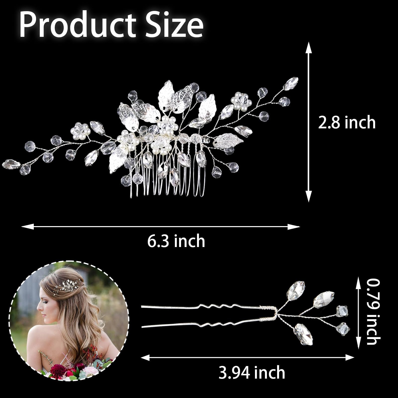 Two separate silver rhinestone hair forks displayed flat next to the main bridal side comb matching set