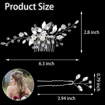 Two separate silver rhinestone hair forks displayed flat next to the main bridal side comb matching set