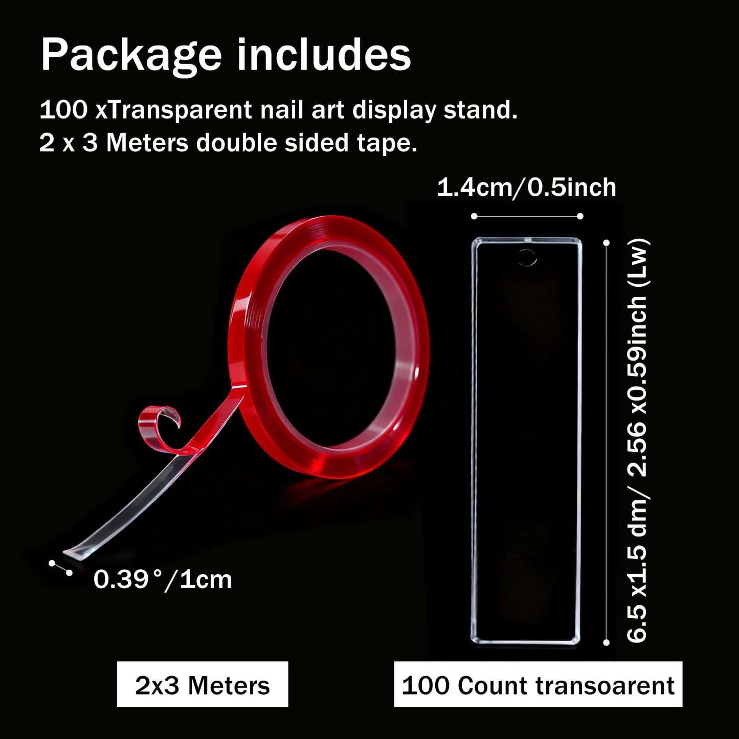 Clear acrylic nail display strips with three meters double sided tape for press on organization