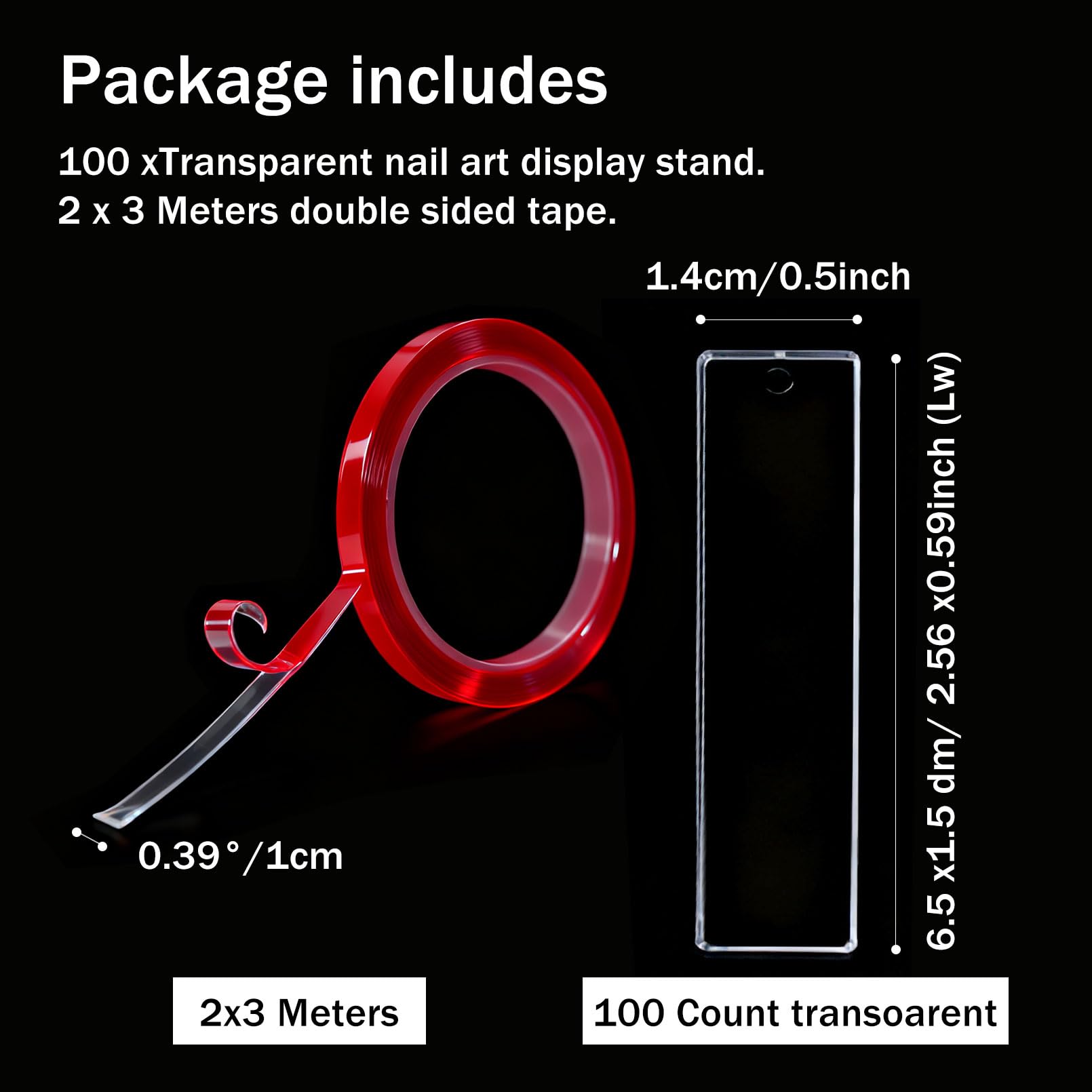 Clear acrylic nail display strips with three meters double sided tape for press on organization