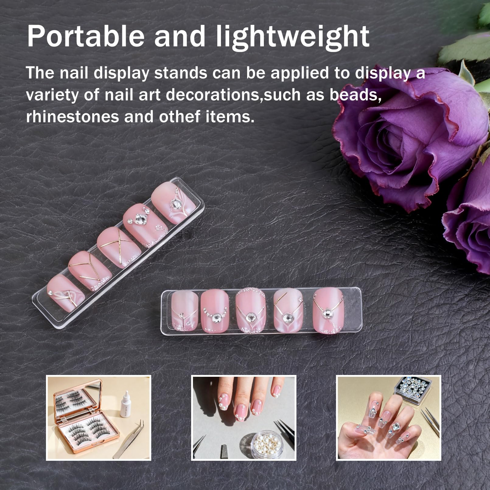 Professional fake nail tips mounted securely on transparent acrylic display stands for salon presentation