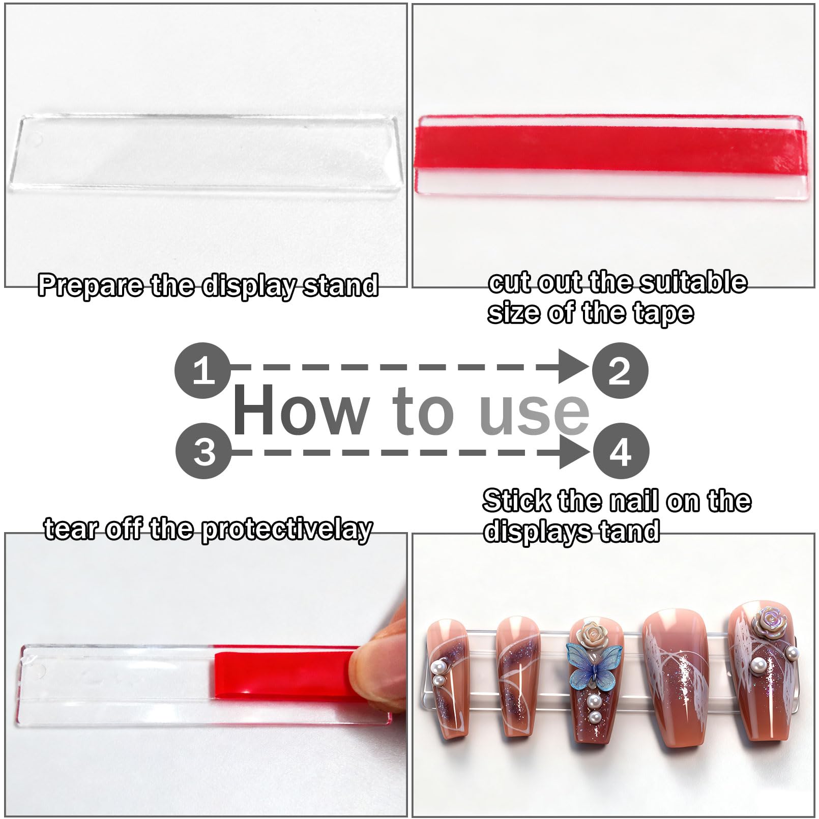 Compact clear acrylic manicure practice strips holding false nails during detailing work close up