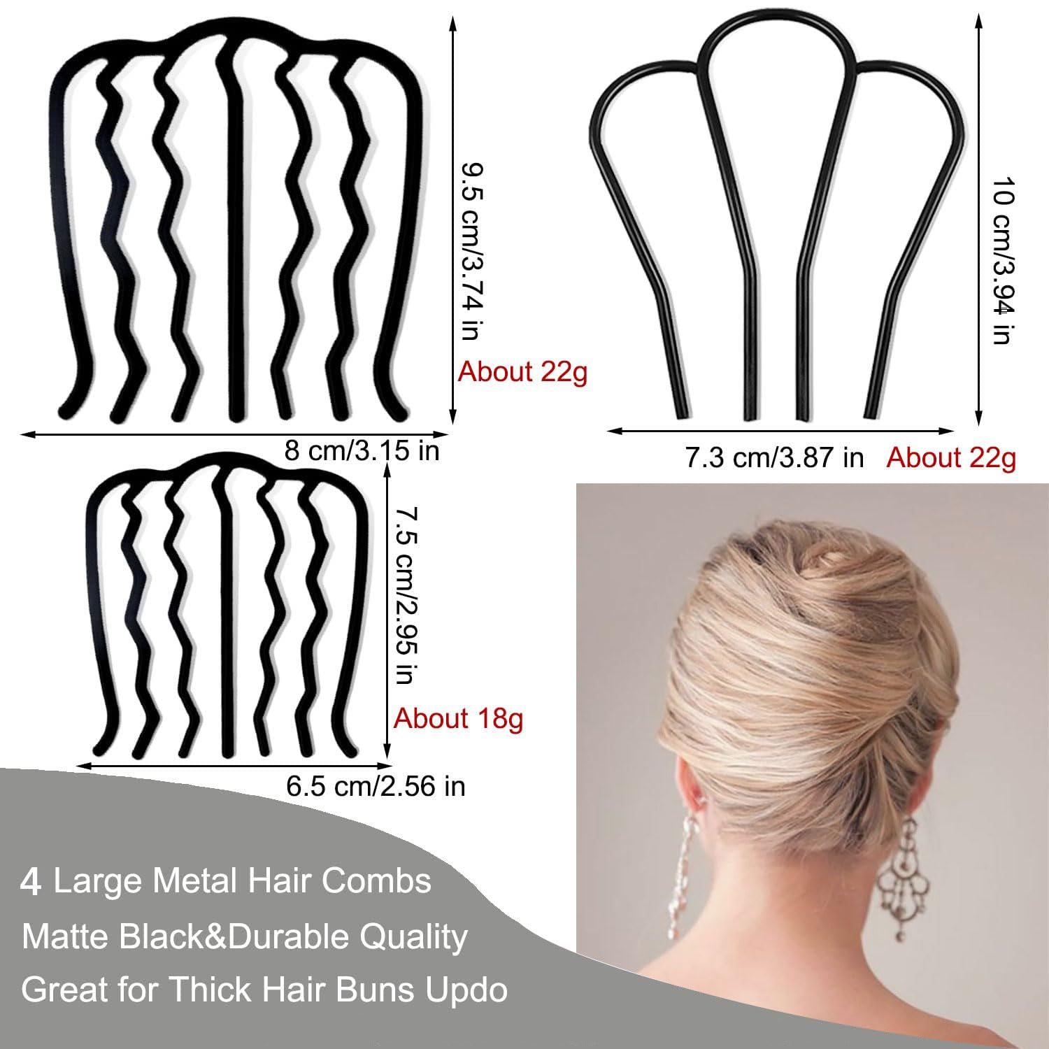 Side angle layout showing the five different sizes of black metal hair forks for updos.