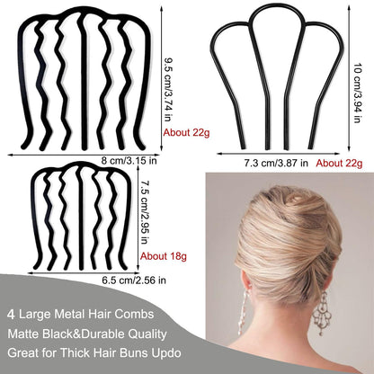 Side angle layout showing the five different sizes of black metal hair forks for updos.