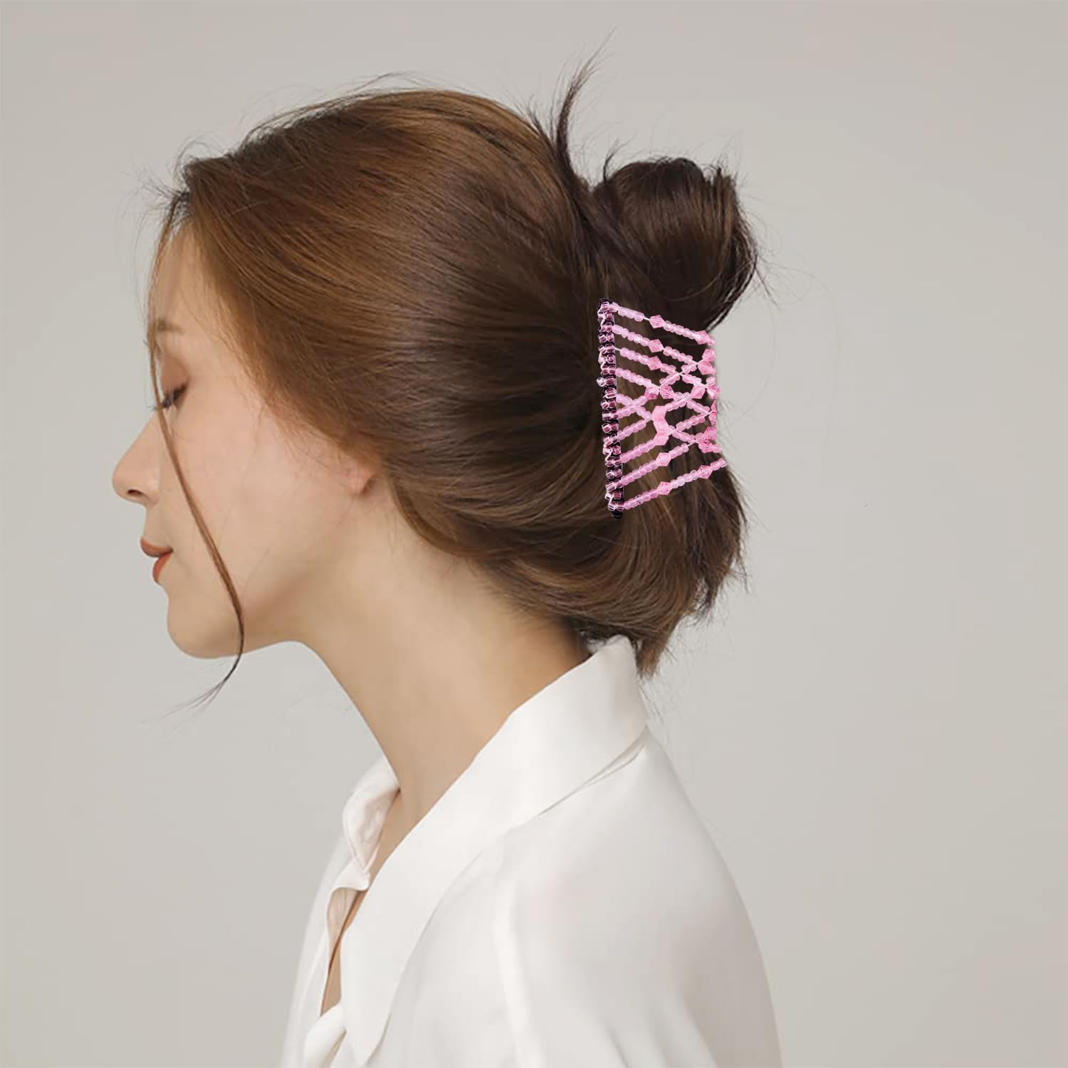 Five pieces of elastic double comb hair clips in black, brown, white, pink, and blue colors.