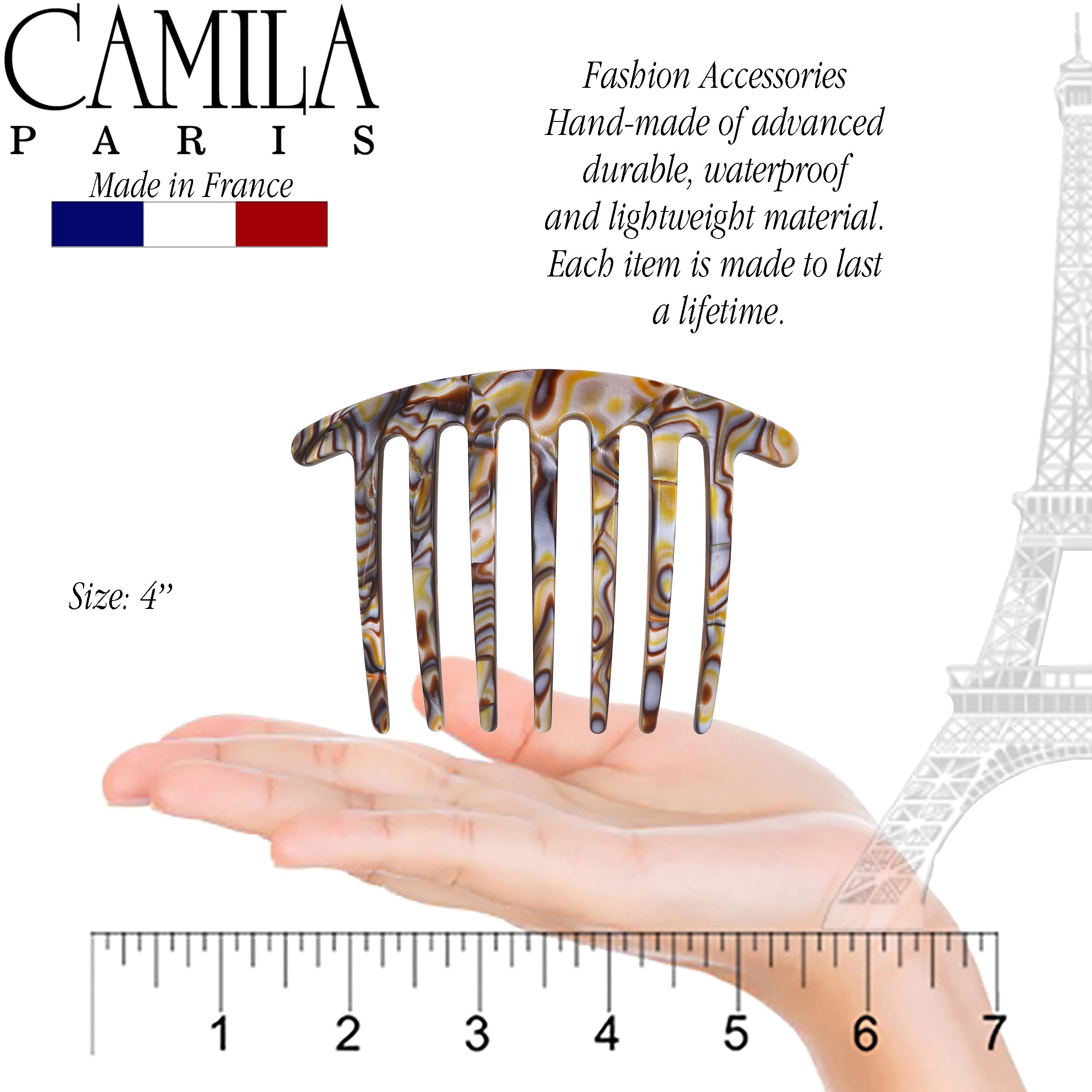 Seven prong decorative hair comb by Camila Paris highlighting rounded damage free teeth