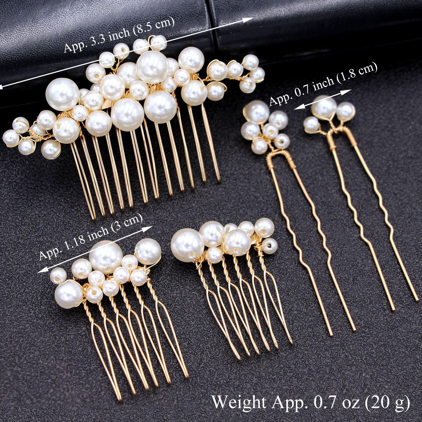 Close up of gold wedding pearl hair comb with crystals