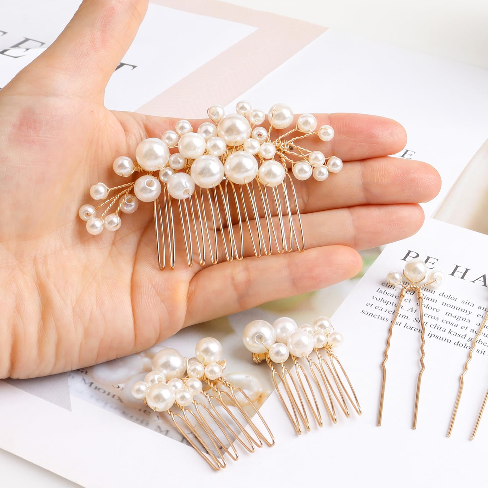 Side view of bridal hair pin with decorative pearls