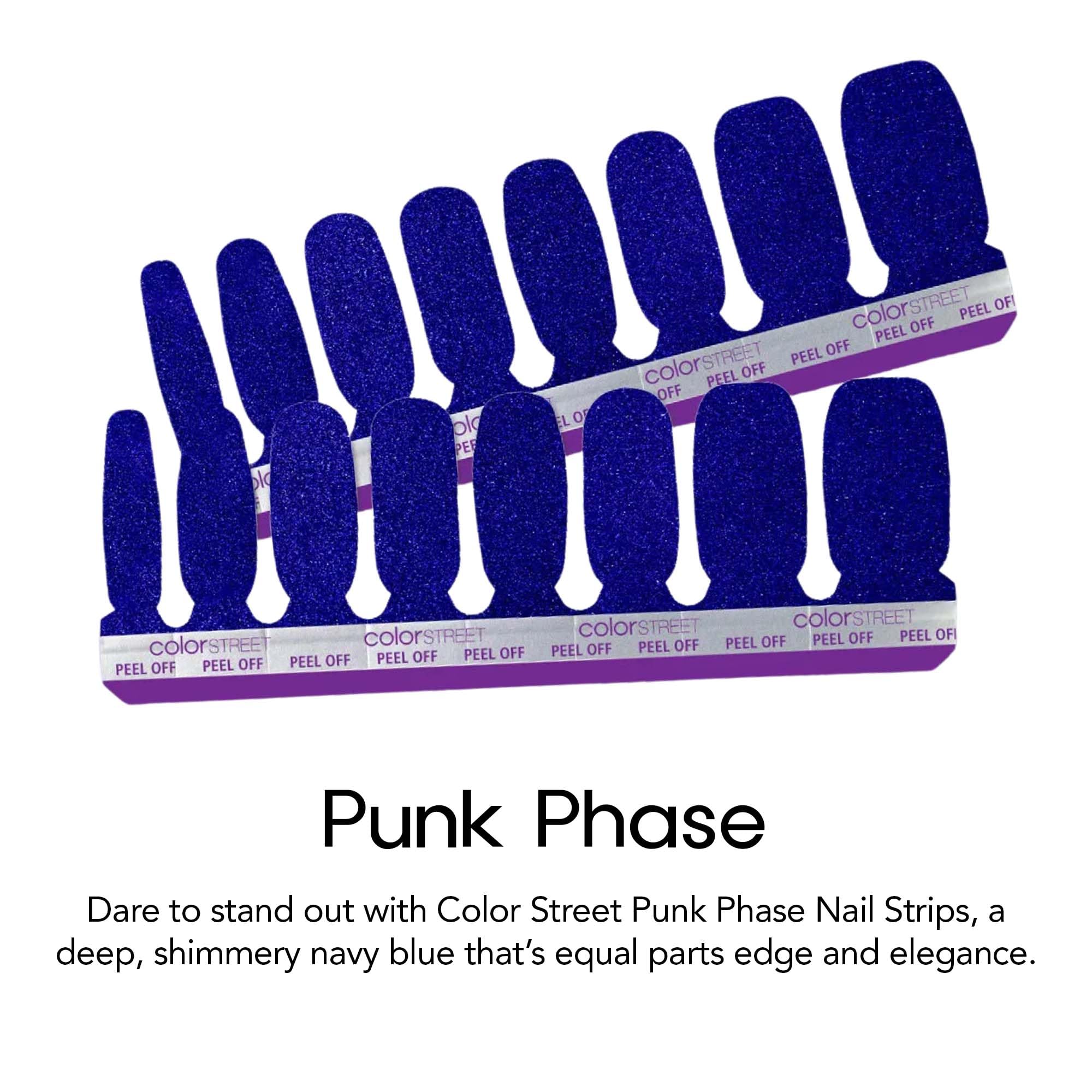 Manicure demonstration showcasing the application of navy blue shimmer nail polish strips.